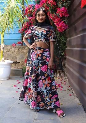 Black Printed Silk Lehenga Set For Girls