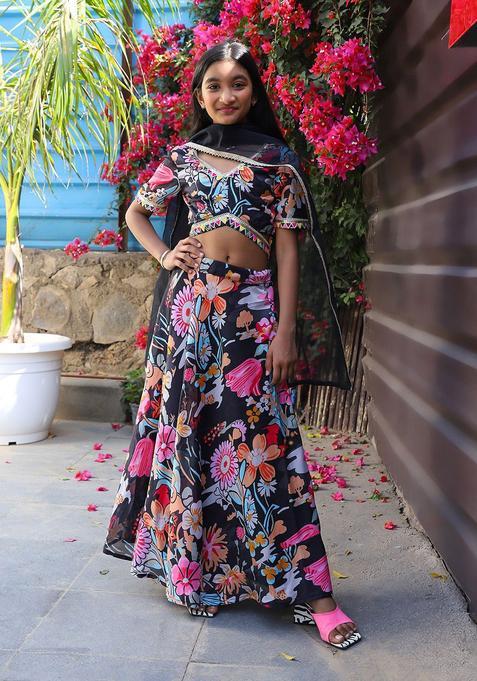 Black Printed Silk Lehenga Set For Girls — view on Indya