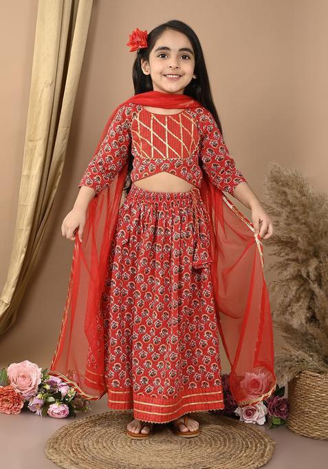 Red Printed Cotton Lehenga Set For Girls — view on Indya