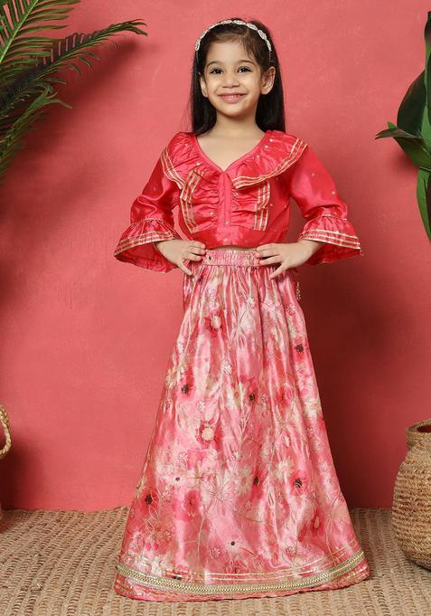 Pink Woven Design Silk Lehenga Set For Girls — view on Indya