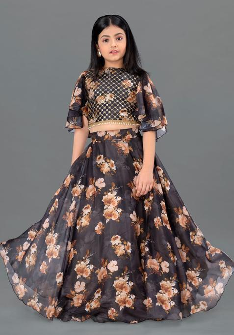 Black Embellished Silk Lehenga Set For Girls — view on Indya