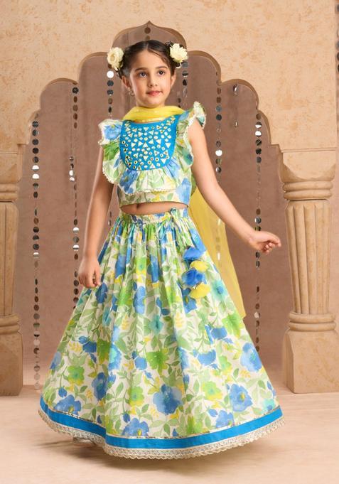 Green Printed Cotton Lehenga Set For Girls — view on Indya