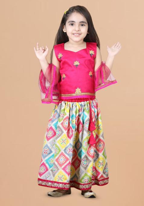 Pink Embroidered Cotton Lehenga Set For Girls — view on Indya
