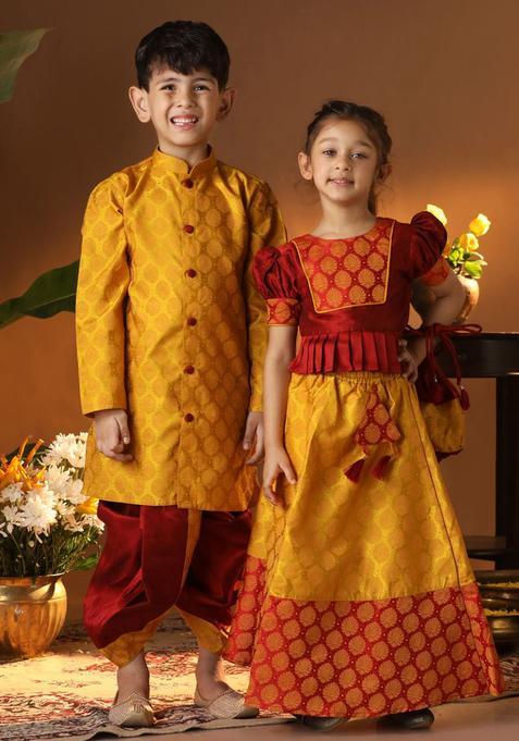 Maroon Woven Design Silk Lehenga Set For Girls — view on Indya
