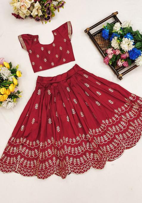 Maroon Embroidered Silk Lehenga Set For Girls — view on Indya