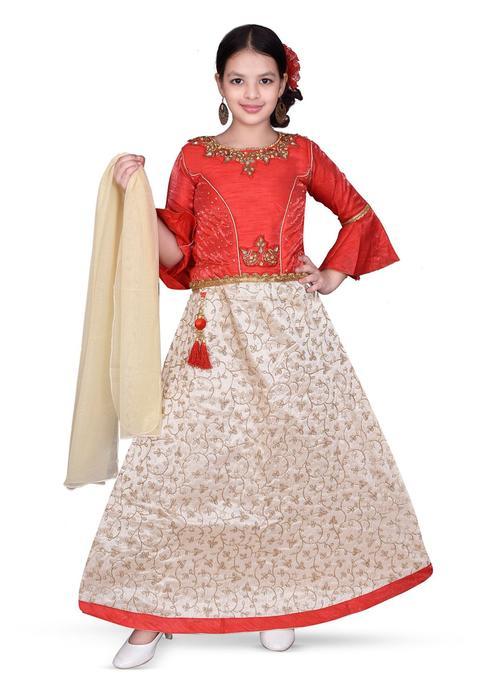 Red Embellished Silk Lehenga Set For Girls — view on Indya
