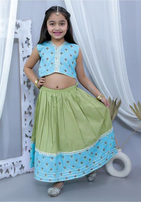 Blue Printed Cotton Lehenga Set For Girls — view on Indya