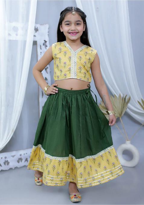 Yellow Printed Cotton Lehenga Set For Girls — view on Indya