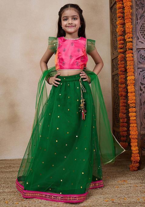 Green Printed Net Lehenga Set For Girls — view on Indya