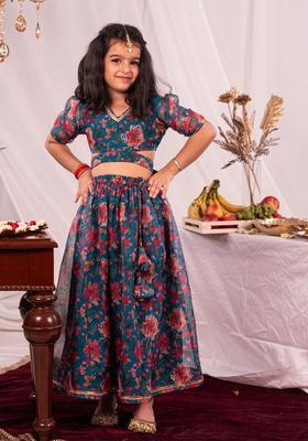 Green Printed Organza Lehenga Set For Girls