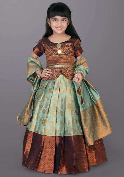 Green Woven Design Polyester Lehenga Set For Girls — view on Indya
