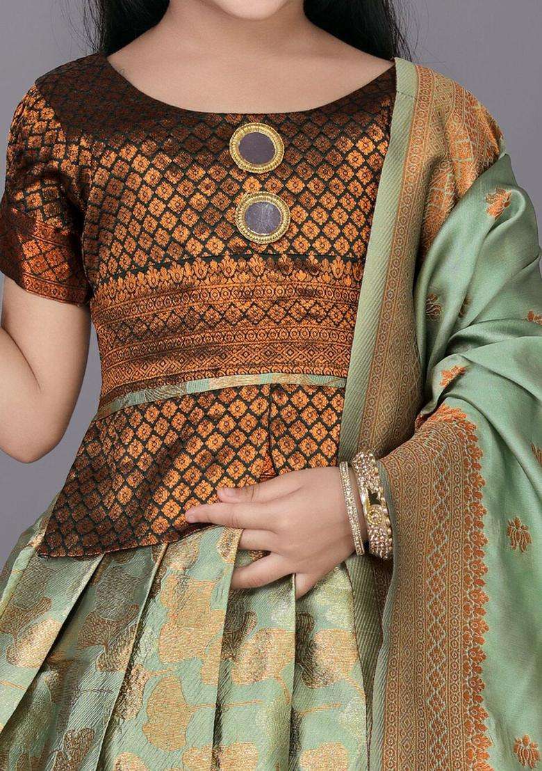 Green Woven Design Polyester Lehenga Set For Girls - Indya