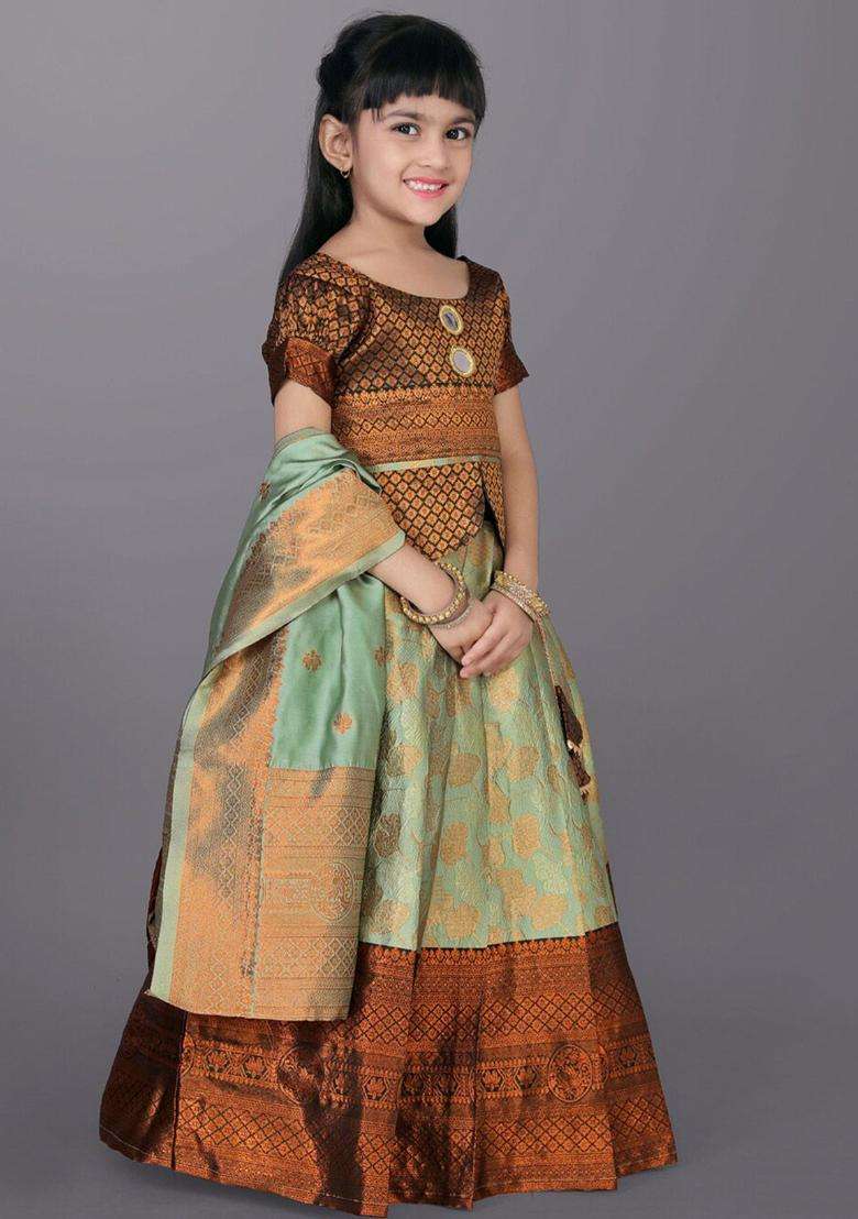 Green Woven Design Polyester Lehenga Set For Girls - Indya