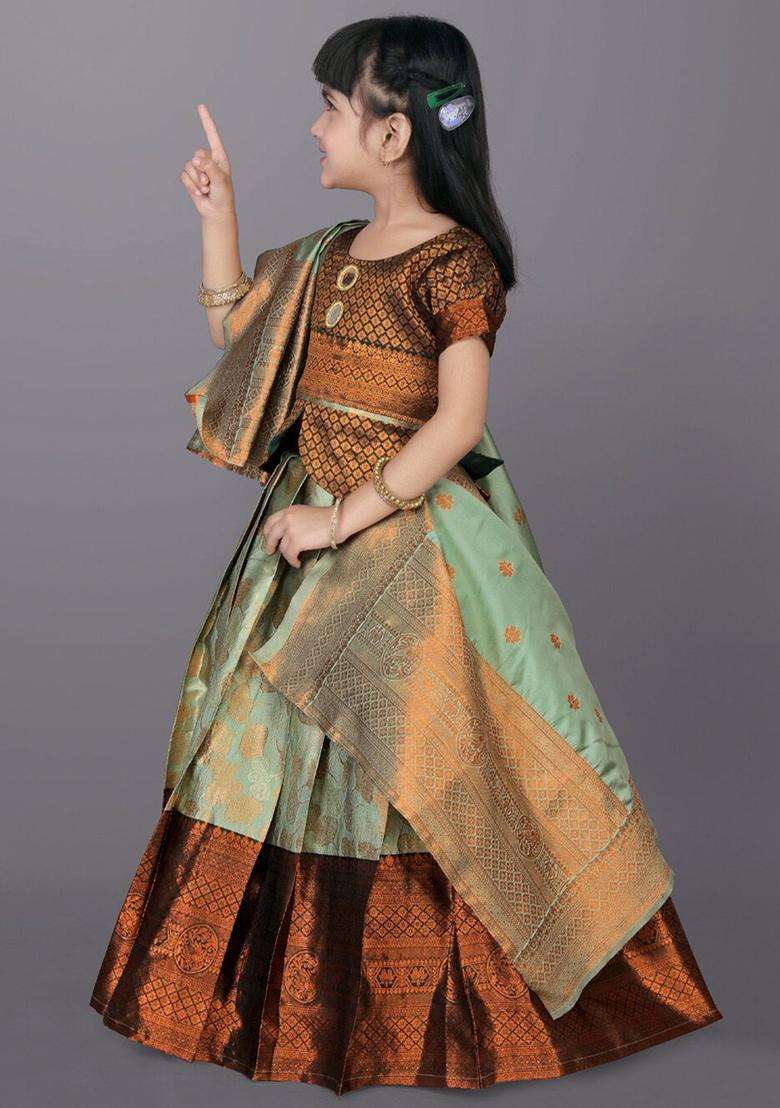 Green Woven Design Polyester Lehenga Set For Girls - Indya