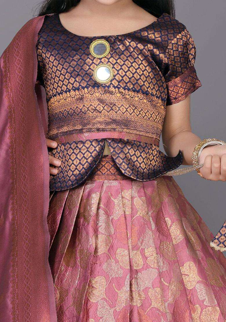 Orange Woven Design Polyester Lehenga Set For Girls - Indya
