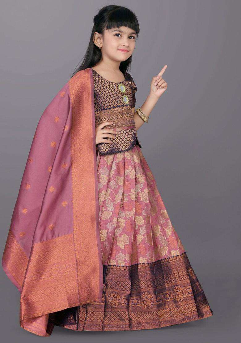 Orange Woven Design Polyester Lehenga Set For Girls - Indya