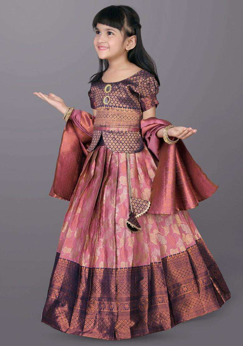 Orange Woven Design Polyester Lehenga Set For Girls - Indya