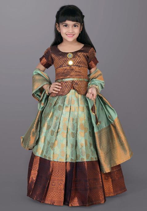 Green Woven Design Polyester Lehenga Set For Girls — view on Indya
