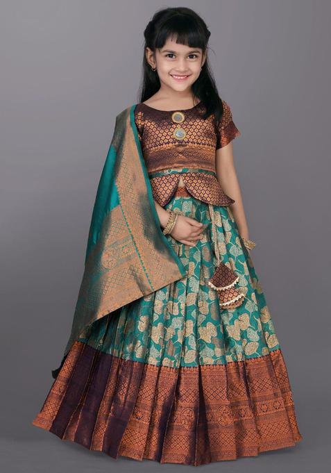 Green Woven Design Polyester Lehenga Set For Girls — view on Indya