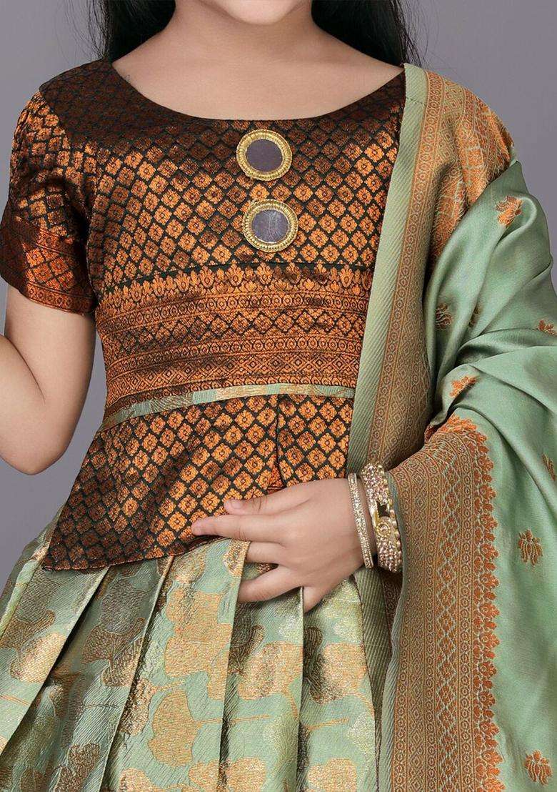 Green Woven Design Polyester Lehenga Set For Girls - Indya