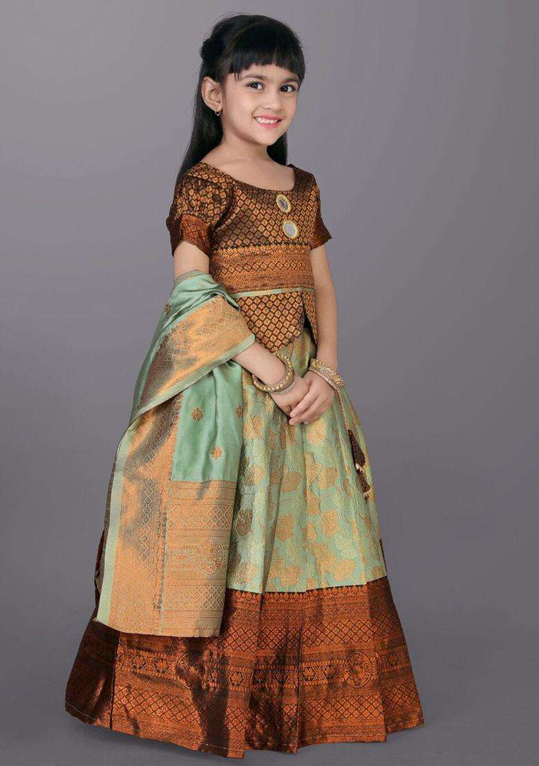 Green Woven Design Polyester Lehenga Set For Girls - Indya