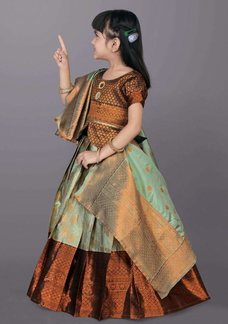 Green Woven Design Polyester Lehenga Set For Girls - Indya