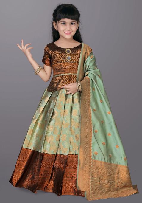 Green Woven Design Polyester Lehenga Set For Girls — view on Indya