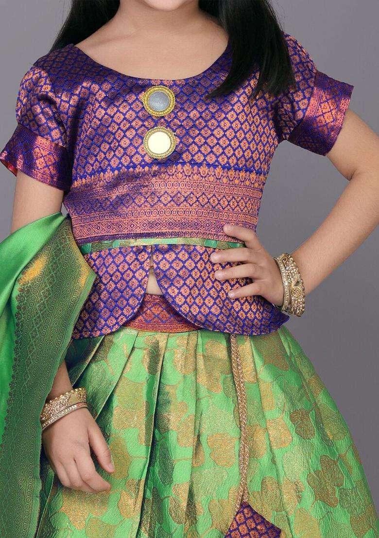 Green Woven Design Polyester Lehenga Set For Girls - Indya