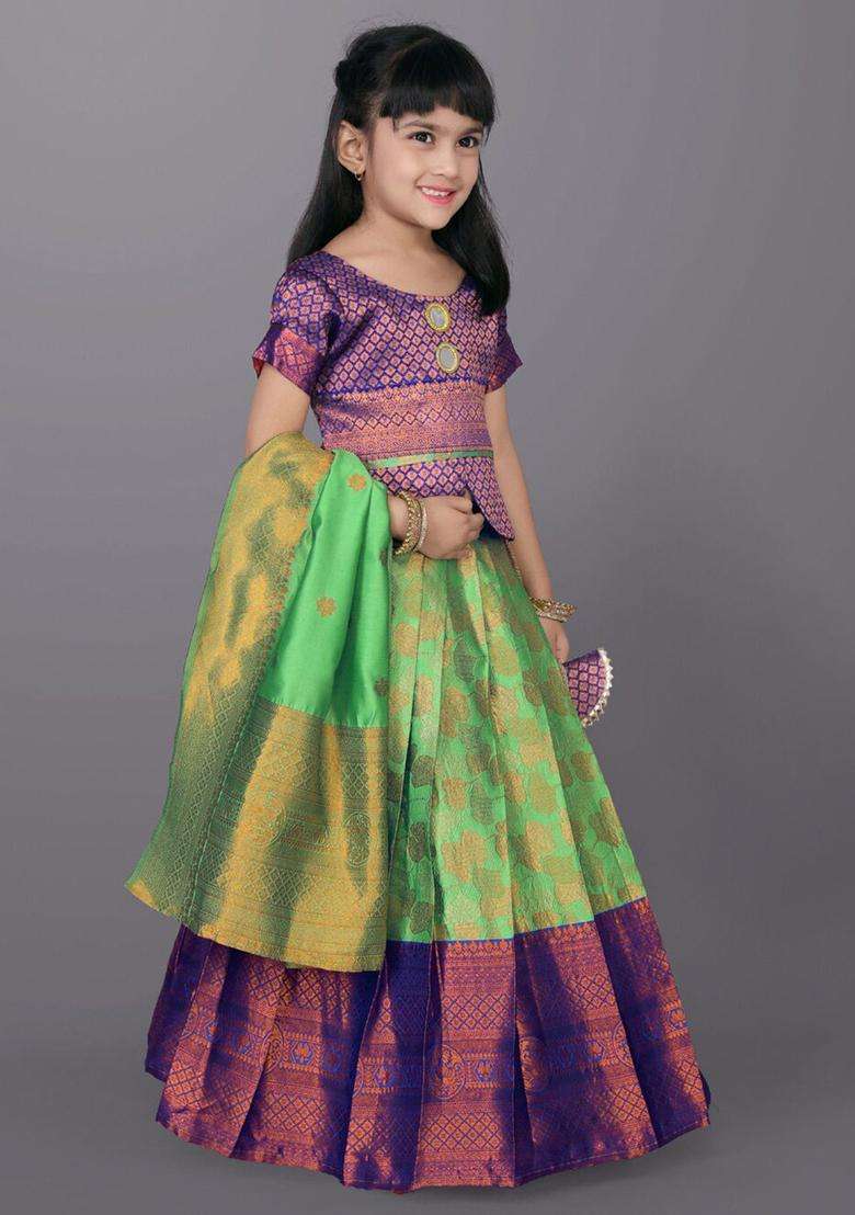 Green Woven Design Polyester Lehenga Set For Girls - Indya