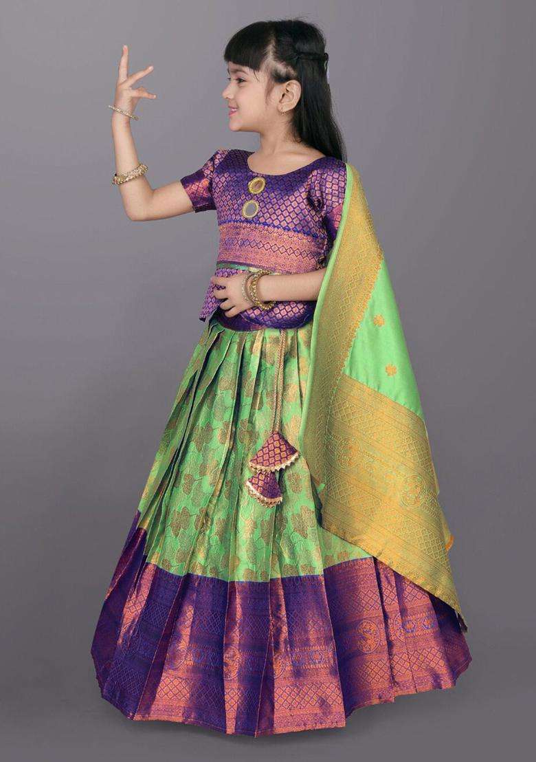 Green Woven Design Polyester Lehenga Set For Girls - Indya