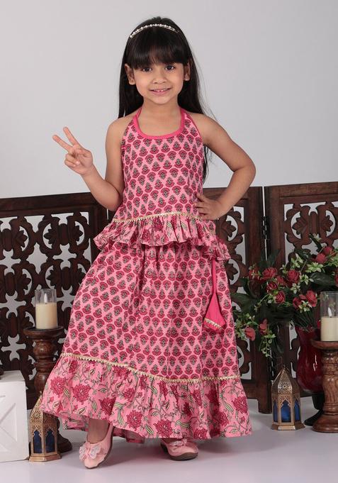Pink Printed Cotton Lehenga Set For Girls — view on Indya
