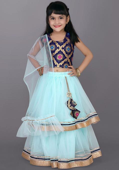 Green Woven Design Net Lehenga Set For Girls — view on Indya