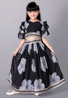 Black Printed Silk Lehenga Set For Girls