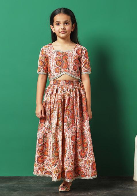 Pink Printed Cotton Lehenga Set For Girls — view on Indya