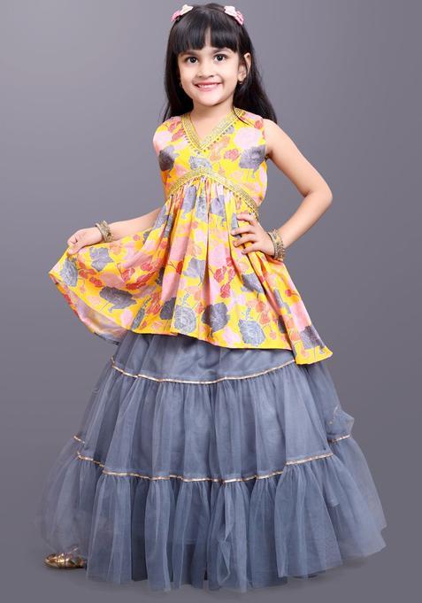 Yellow Printed Net Lehenga Set For Girls — view on Indya