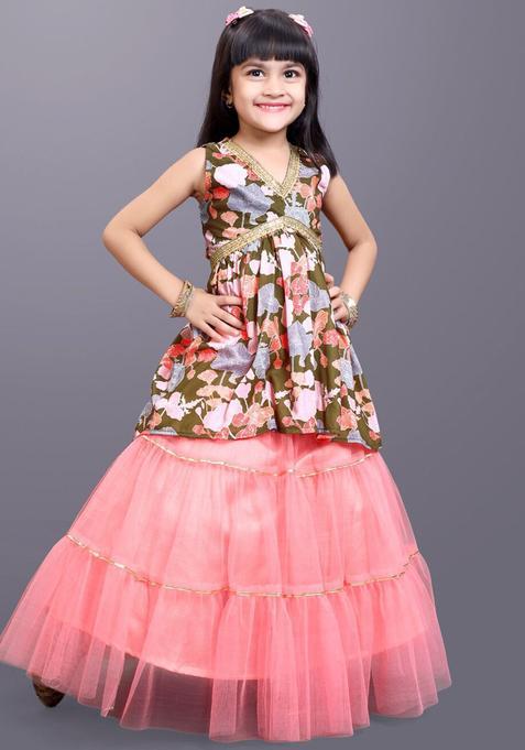 Green Printed Net Lehenga Set For Girls — view on Indya
