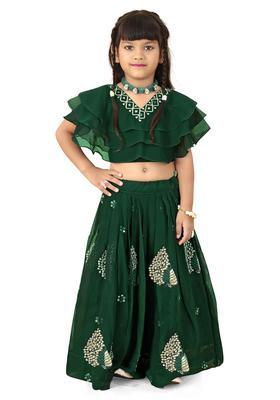 Green Embroidered Georgette Lehenga Set For Girls