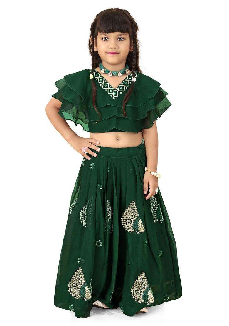 Green Embroidered Georgette Lehenga Set For Girls - Indya