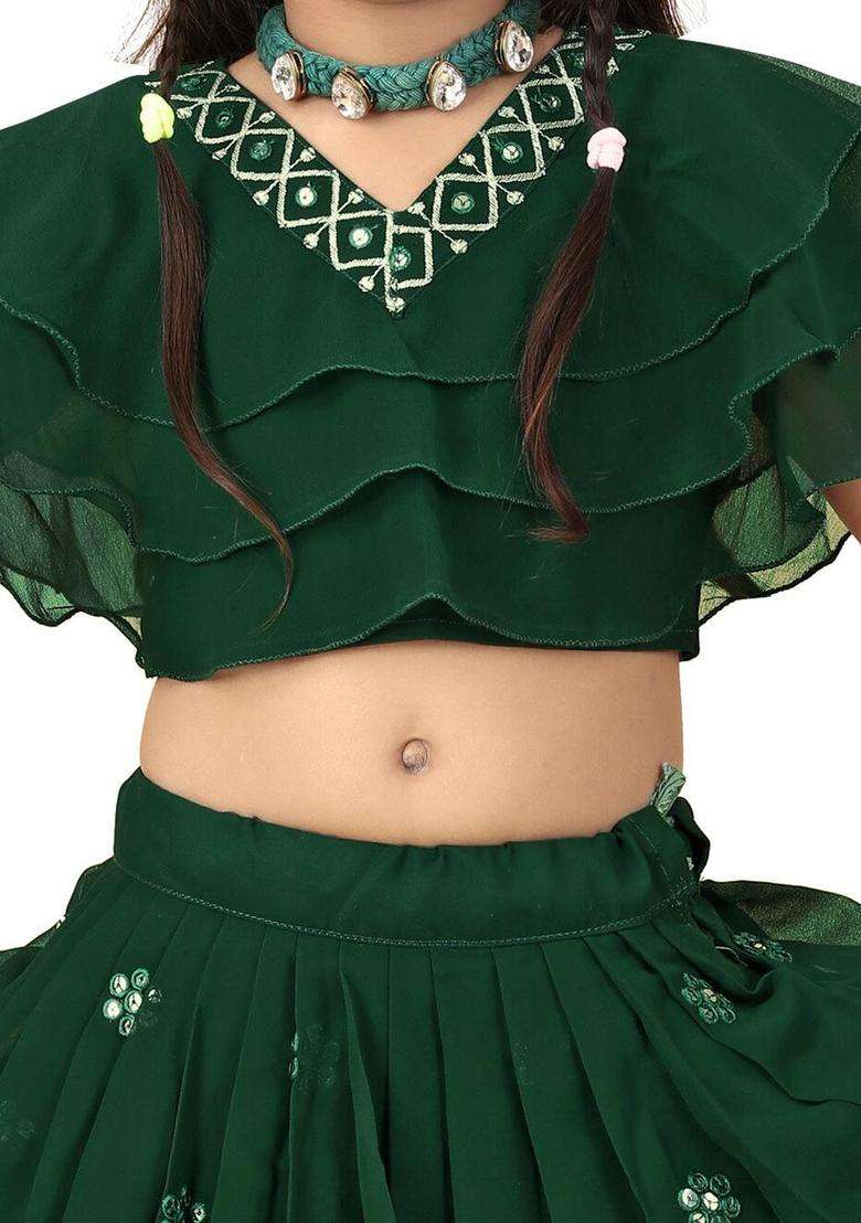 Green Embroidered Georgette Lehenga Set For Girls - Indya