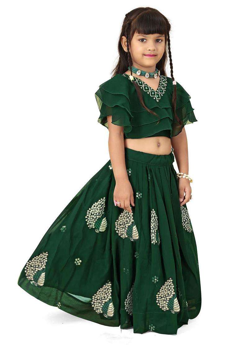 Green Embroidered Georgette Lehenga Set For Girls - Indya