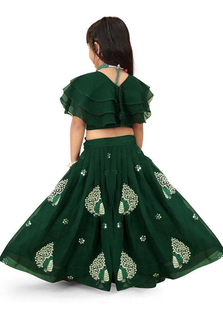 Green Embroidered Georgette Lehenga Set For Girls - Indya