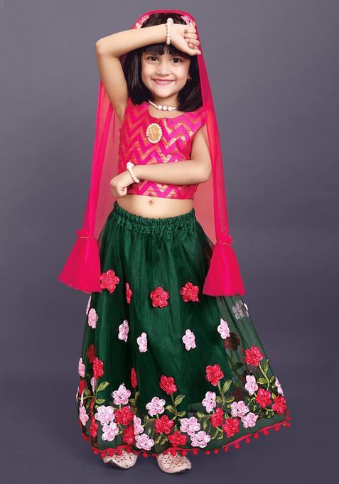 Green Woven Design Net Lehenga Set For Girls — view on Indya