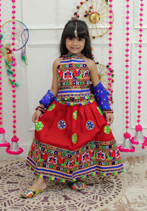 Red Embroidered Cotton Lehenga Set For Girls — view on Indya
