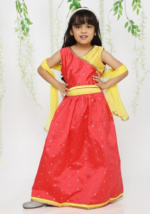 Red Woven Design Silk Lehenga Set For Girls — view on Indya