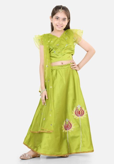 Green Woven Design Silk Lehenga Set For Girls — view on Indya