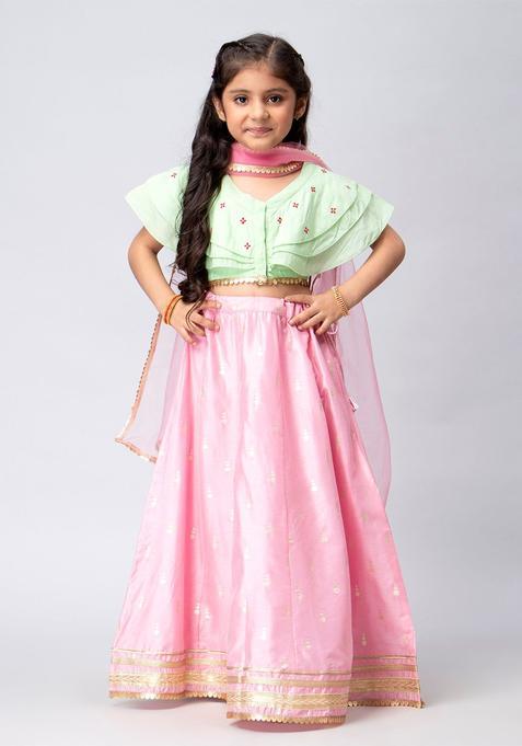 Green Embroidered Polyester Lehenga Set For Girls — view on Indya