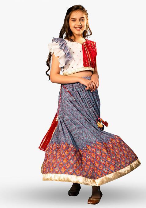 Blue Printed Cotton Lehenga Set For Girls — view on Indya