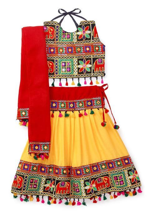 Yellow Embroidered Cotton Lehenga Set For Girls — view on Indya