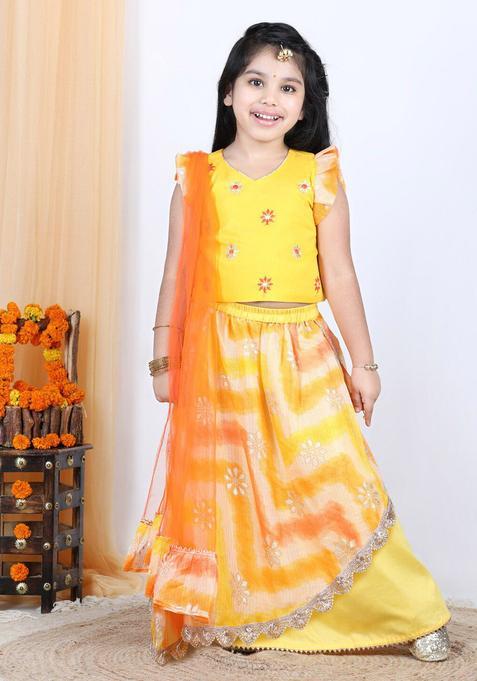 Yellow Embroidered Cotton Lehenga Set For Girls — view on Indya
