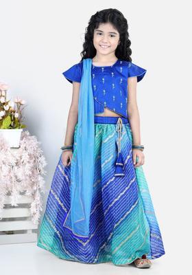 Blue Woven Design Cotton Lehenga Set For Girls